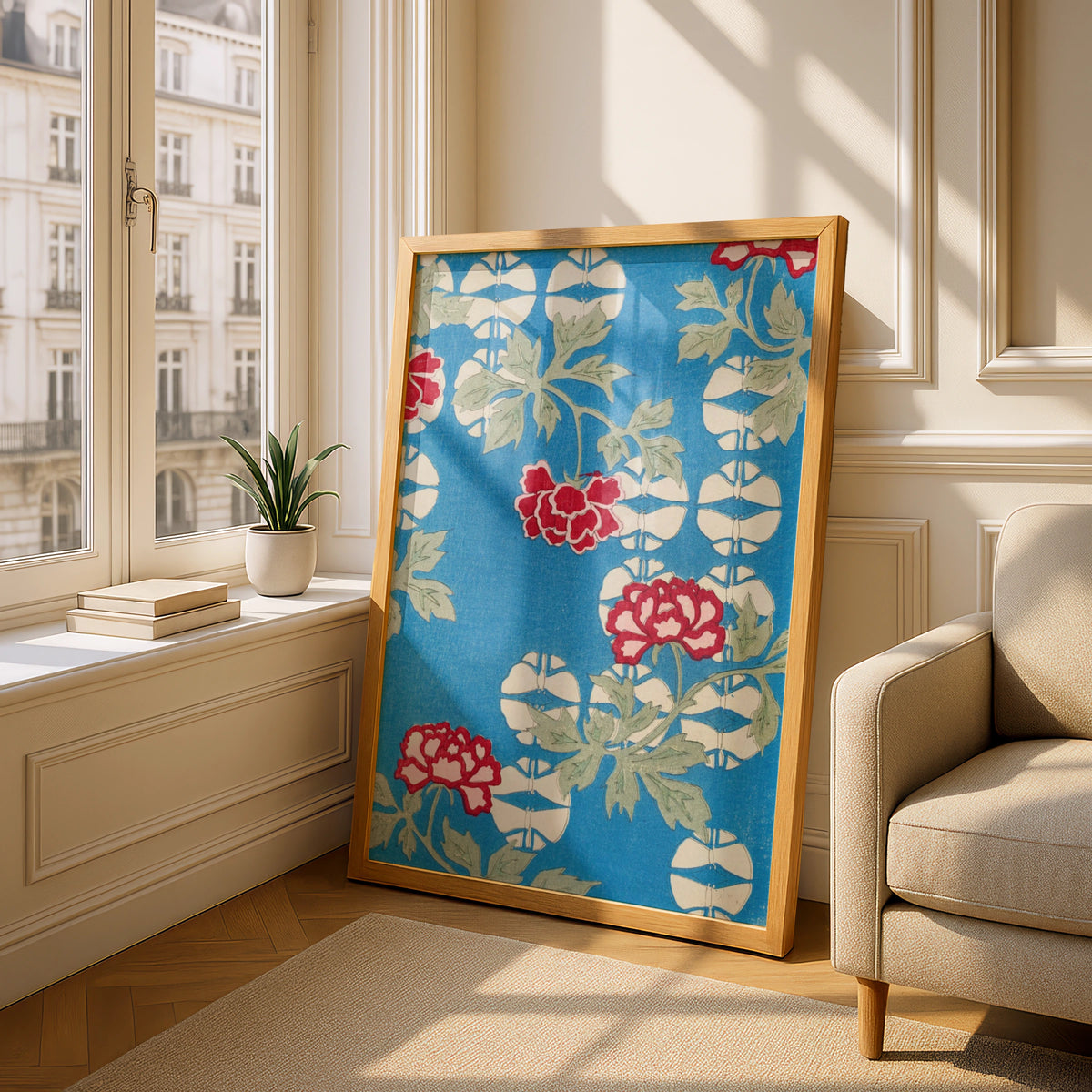 Japanese Botanical Print, Vintage Floral Woodblock Wall Art, Blue Peony Japandi Poster – A5 Oak frame