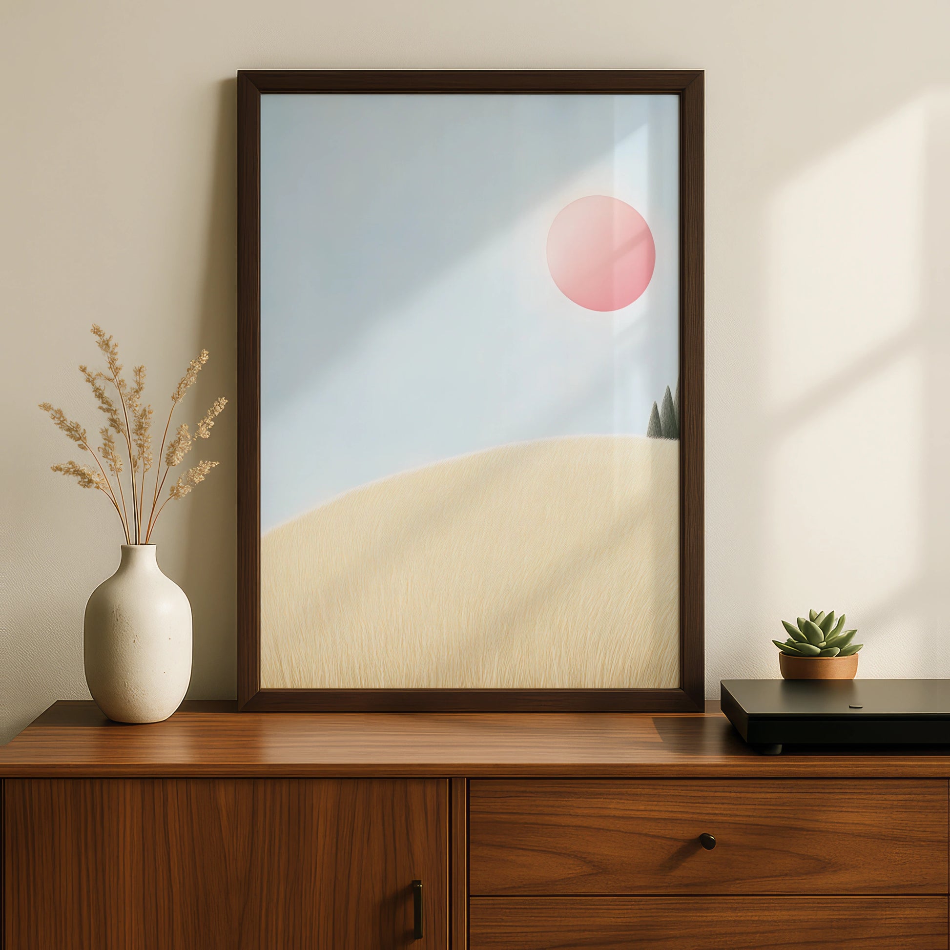 Nursery Wall Art Pink Sun Print, Pastel Landscape Poster, Baby Room Decor, Minimalist Sky