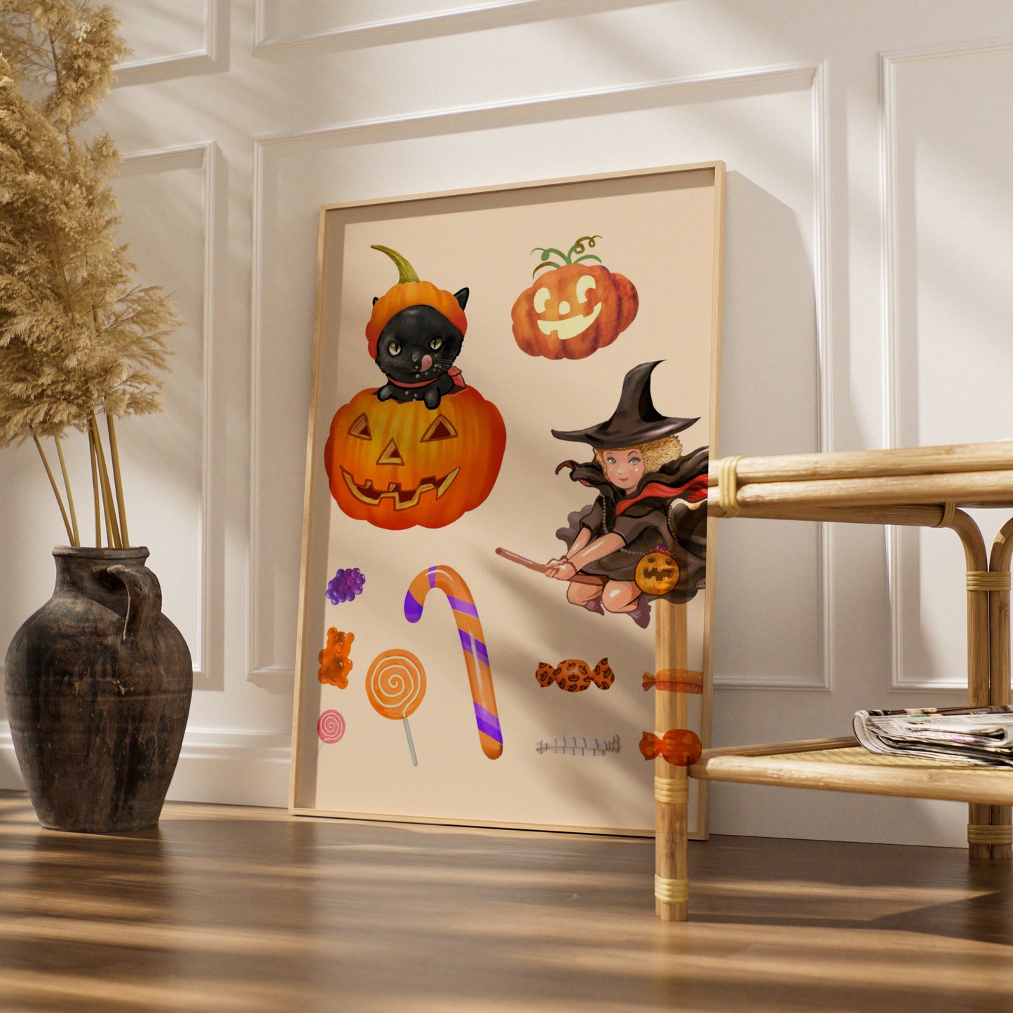 Halloween Witch Black Cat Pumpkin Poster, Trick or Treat Candy Wall Art Print