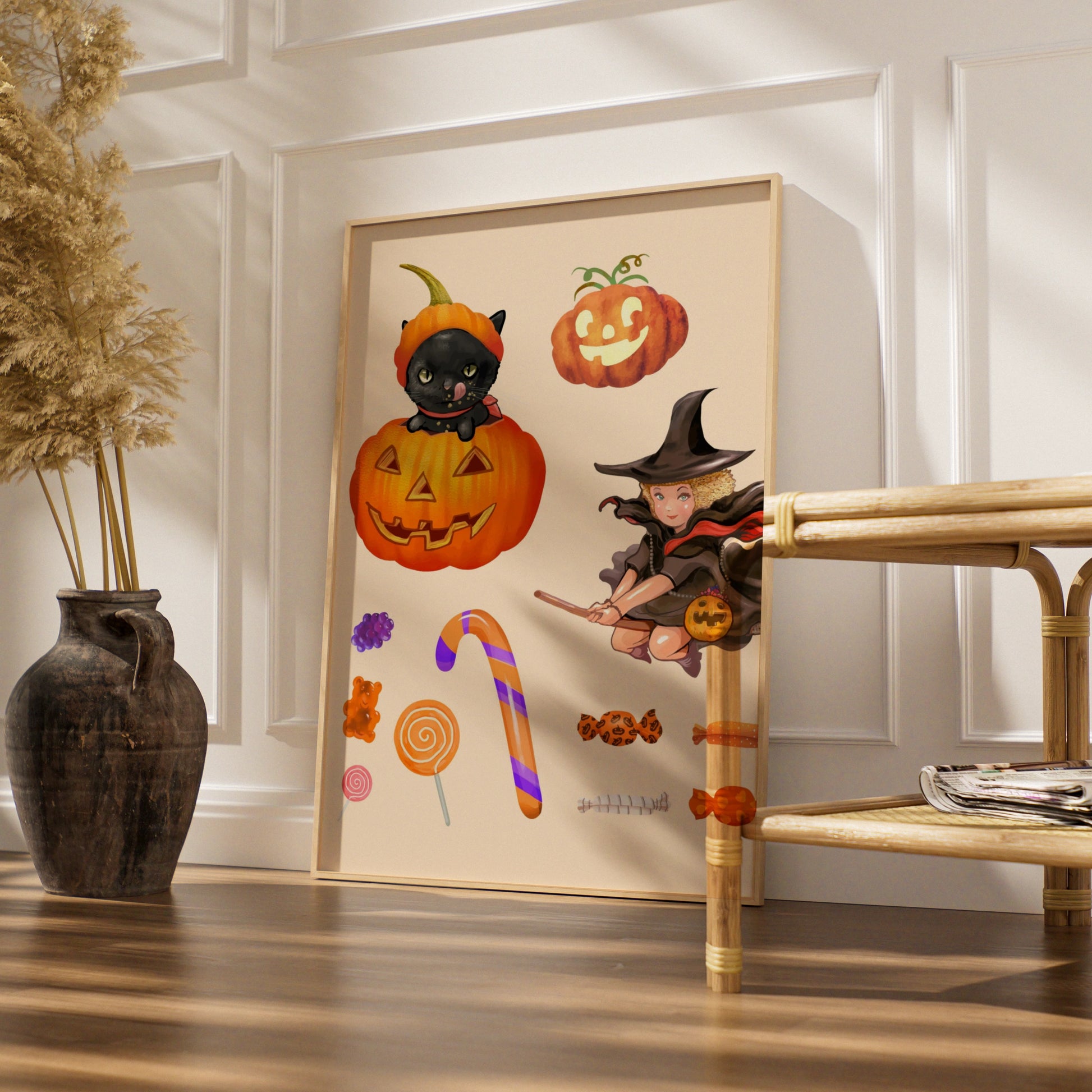 Halloween Witch Black Cat Pumpkin Poster, Trick or Treat Candy Wall Art Print