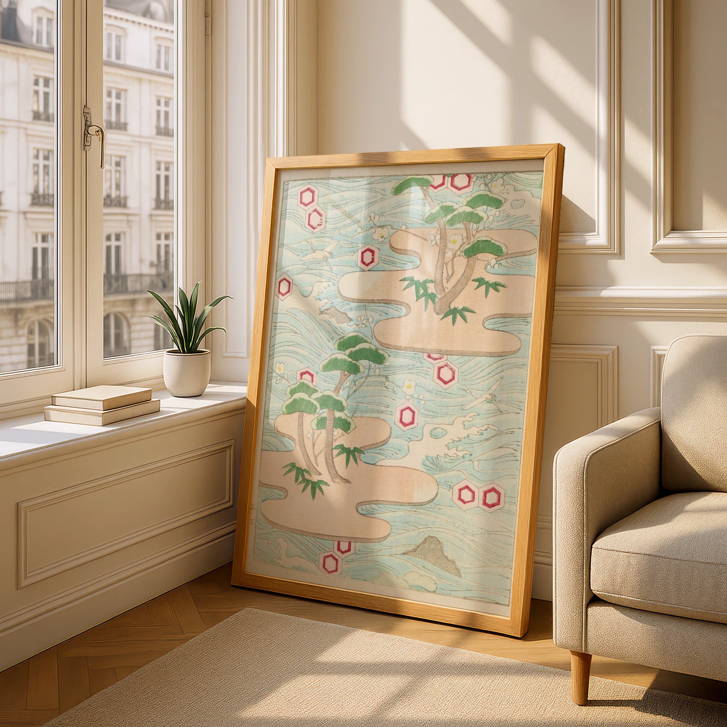 Japanese Woodblock Wall Art, Bijutsukai 1901 Vintage Poster, Crane Pine Japandi Print – A5 Oak frame