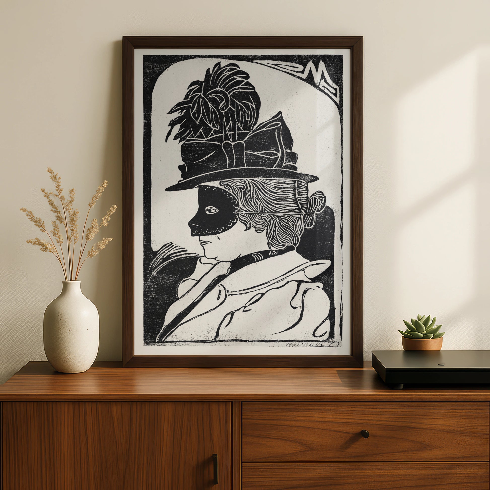 Halloween Masquerade Mask Poster, Black White Woodcut Wall Art, Vintage Witch Print
