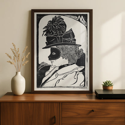 Halloween Masquerade Mask Poster, Black White Woodcut Wall Art, Vintage Witch Print