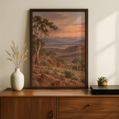 Australian Outback Sunset Print, Red Earth Landscape, Eucalyptus Wall Art, Painted Style