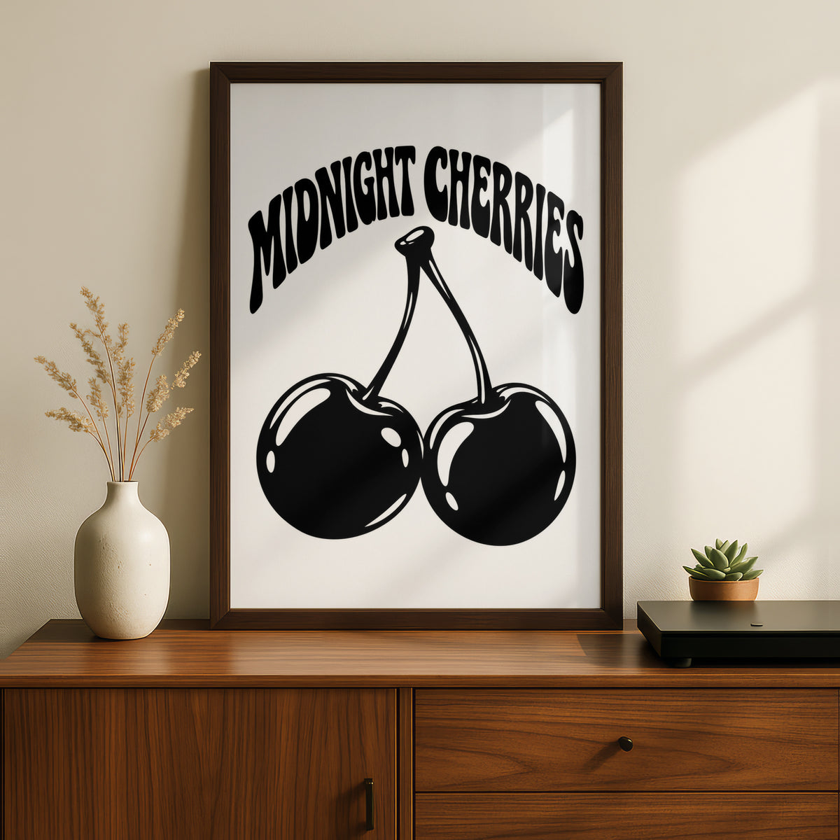 Midnight Cherries Typography Print, Black and White Poster, Monochrome Wall Art, Retro Fruit