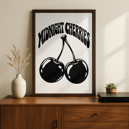 Midnight Cherries Typography Print, Black and White Poster, Monochrome Wall Art, Retro Fruit