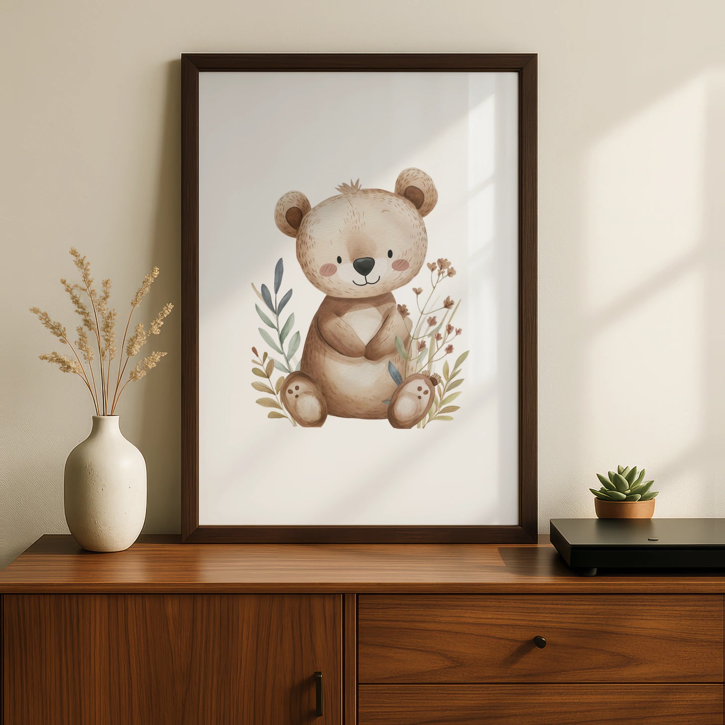 Nursery Wall Art Cute Bear Poster, Woodland Baby Room Decor, Boho Bear Print for Kids