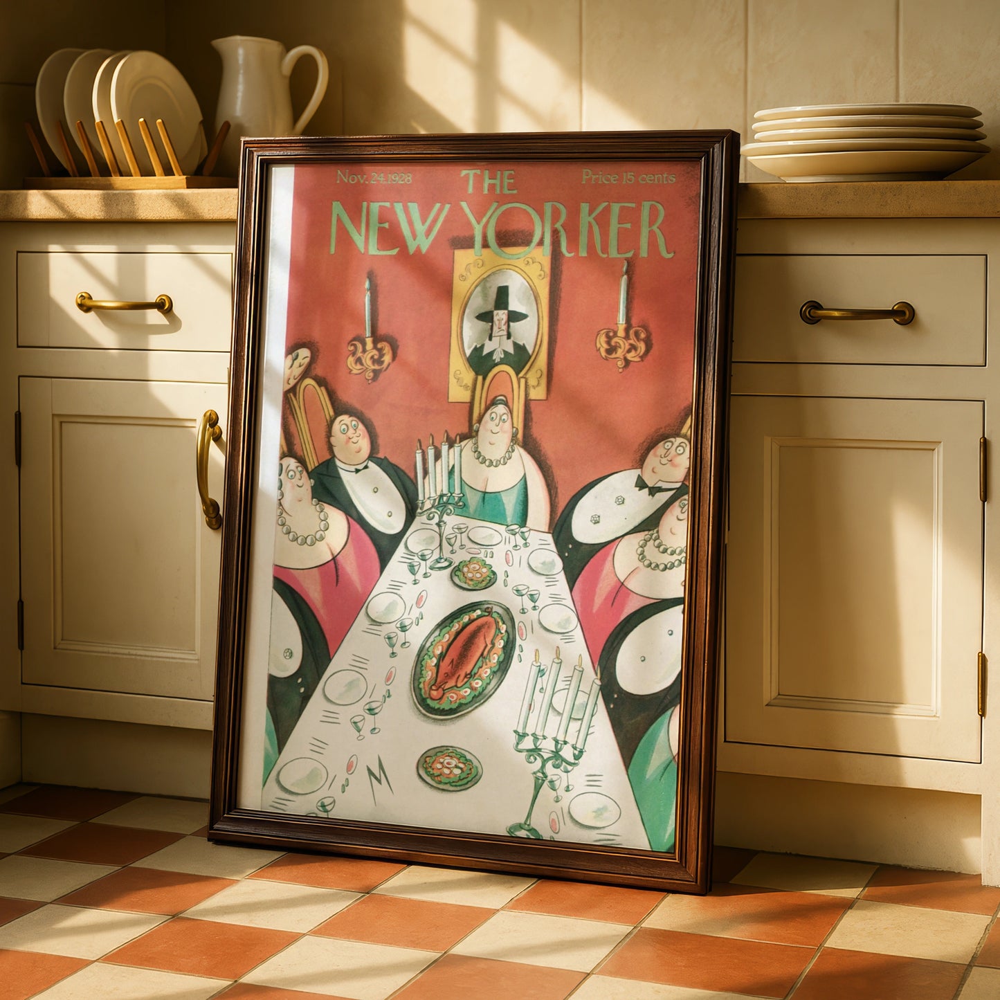 New Yorker 1928 Thanksgiving Dinner Party Cover Art Poster, Vintage Illustration Print
