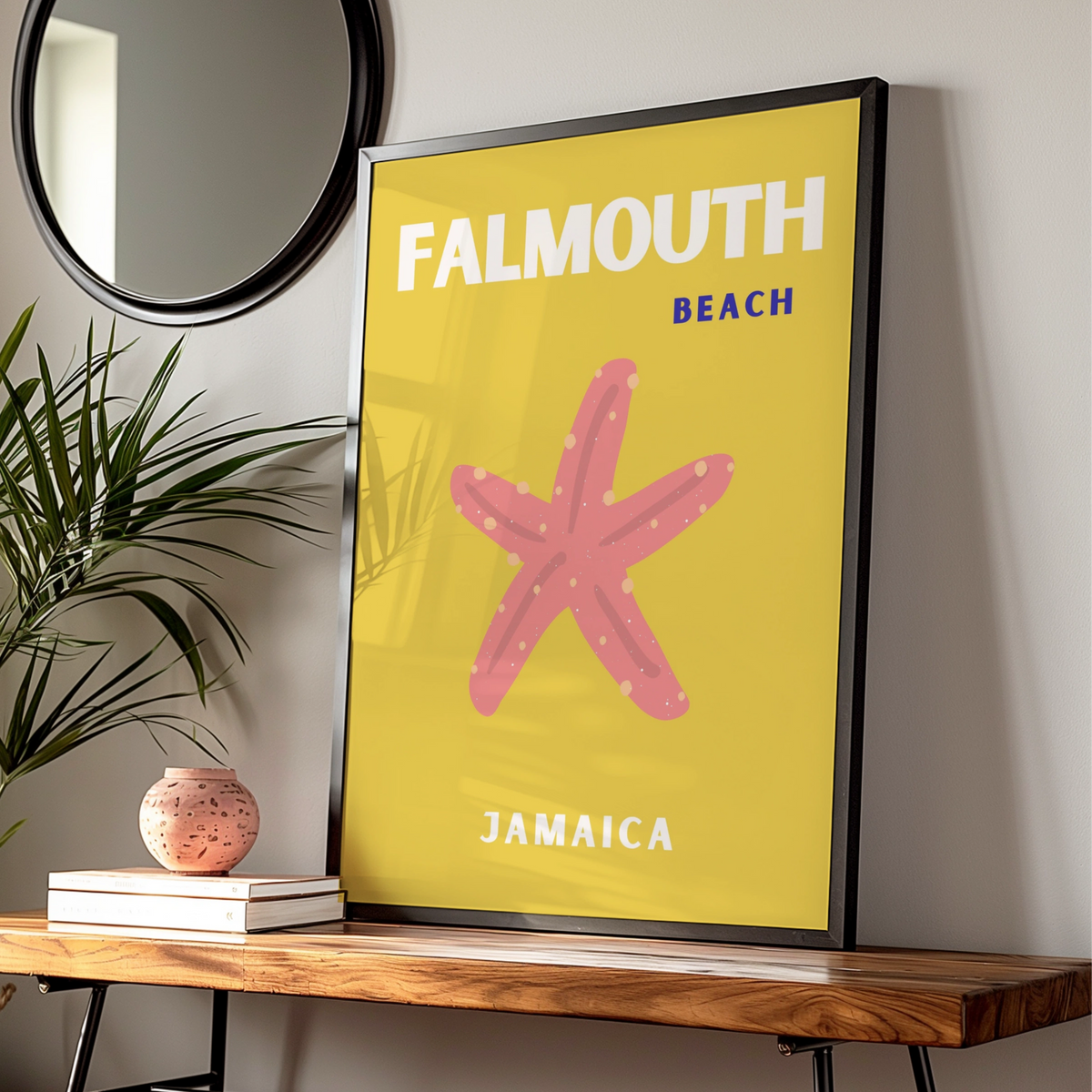 Falmouth Beach Jamaica Travel Poster, Caribbean Wall Art, Retro Tropical Print