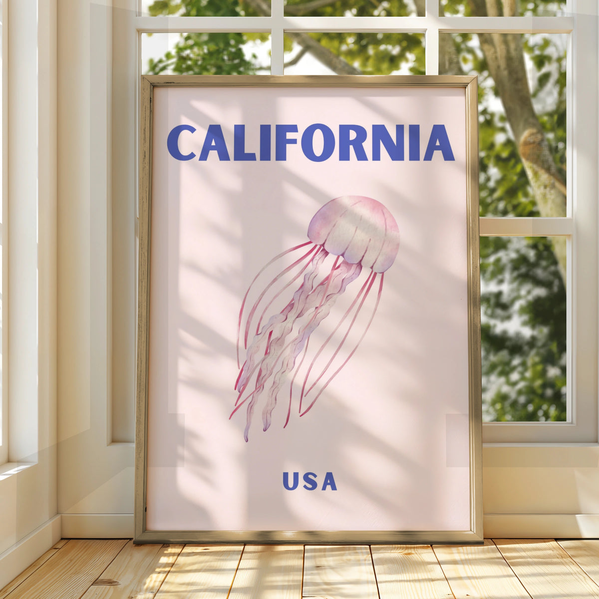 California Travel Poster USA, Jellyfish Wall Art, Retro Ocean Print, Coastal Pink Decor