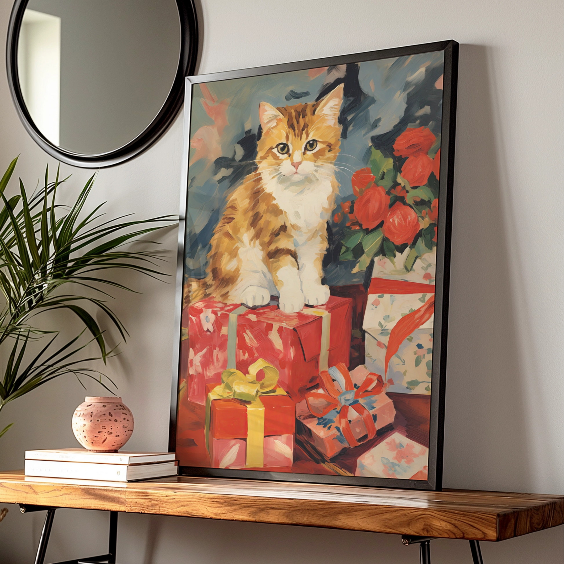 Christmas Cat Poster, Ginger Tabby with Gifts Wall Art, Festive Holiday Print for Cat Lovers