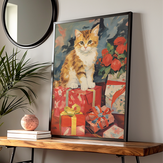 Christmas Cat Poster, Ginger Tabby with Gifts Wall Art, Festive Holiday Print for Cat Lovers