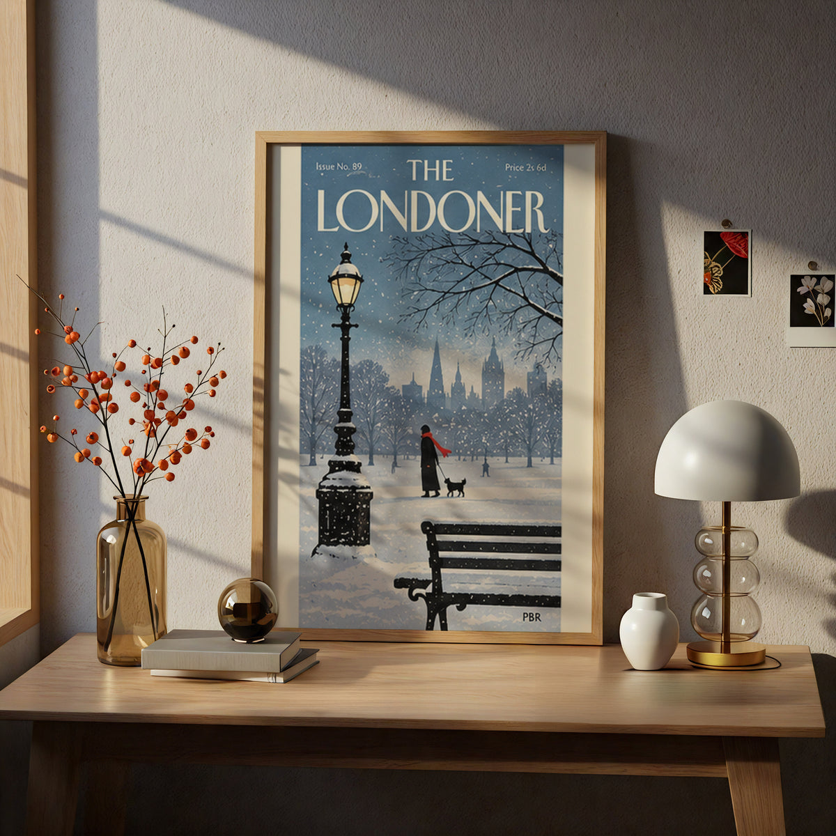Snowy London Park Poster, Winter Wall Art, Vintage Magazine Cover Print, Lamppost Dog Walker Art