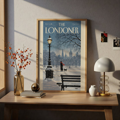 Snowy London Park Poster, Winter Wall Art, Vintage Magazine Cover Print, Lamppost Dog Walker Art