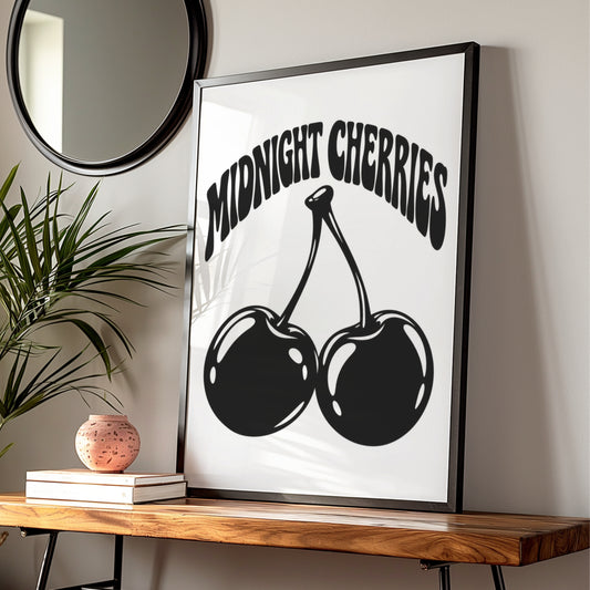 Midnight Cherries Typography Print, Black and White Poster, Monochrome Wall Art, Retro Fruit