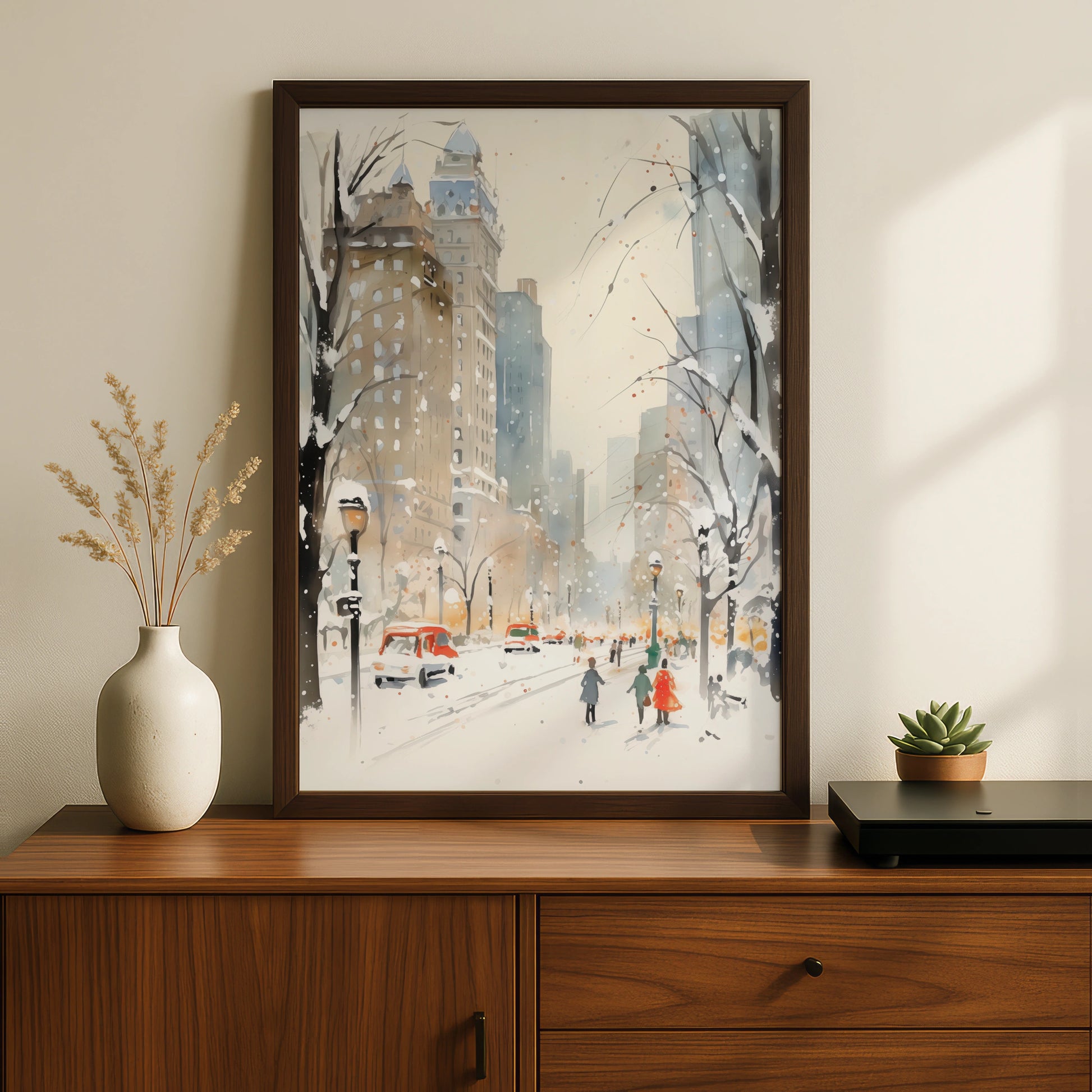 Christmas New York City Snow Poster, Winter NYC Watercolour Wall Art Print