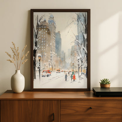 Christmas New York City Snow Poster, Winter NYC Watercolour Wall Art Print