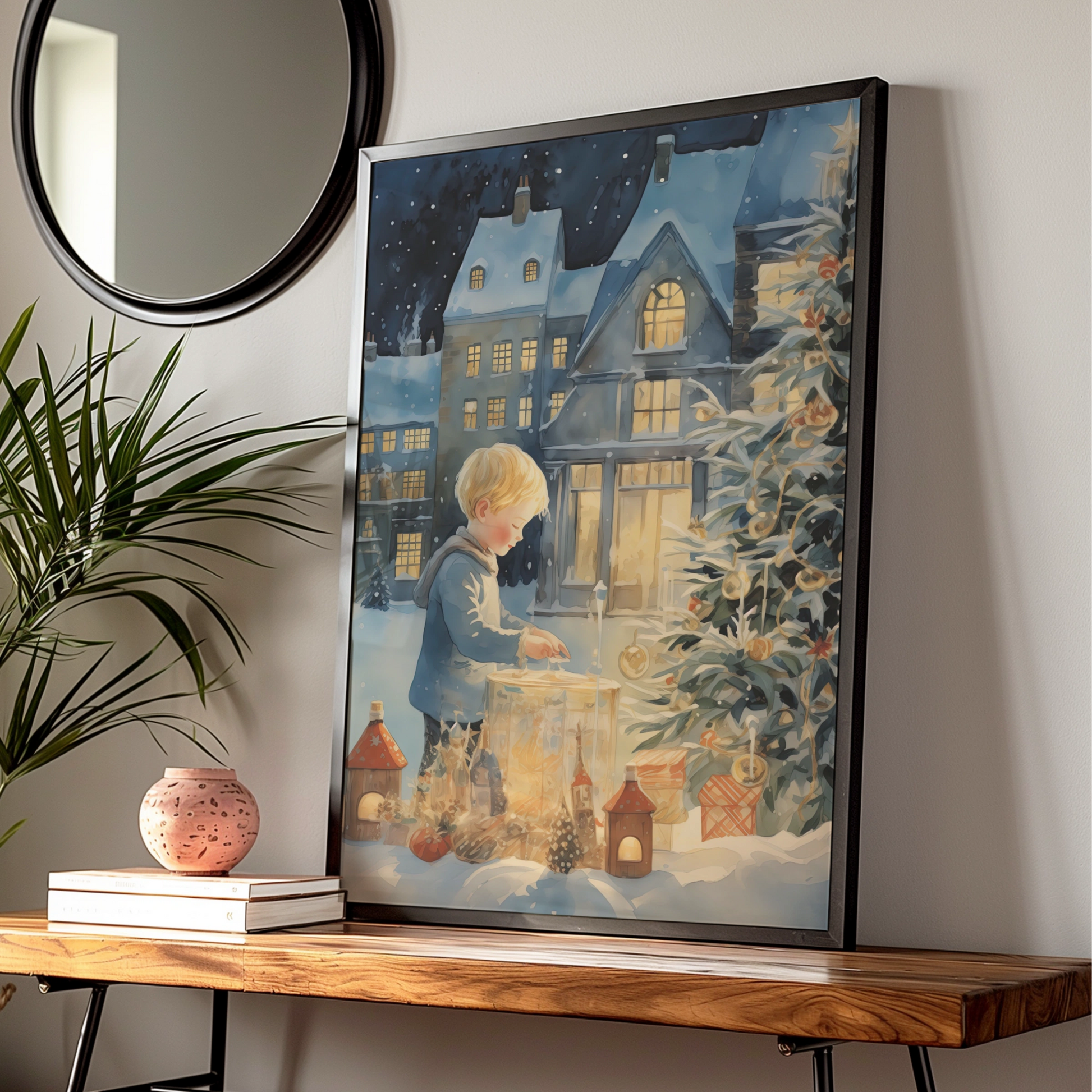 Christmas Poster, Child with Lantern Snowy Village, Watercolour Xmas Wall Art Print