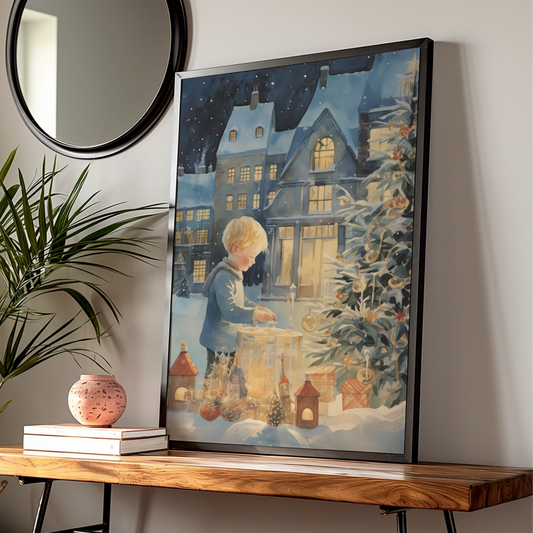Christmas Poster, Child with Lantern Snowy Village, Watercolour Xmas Wall Art Print