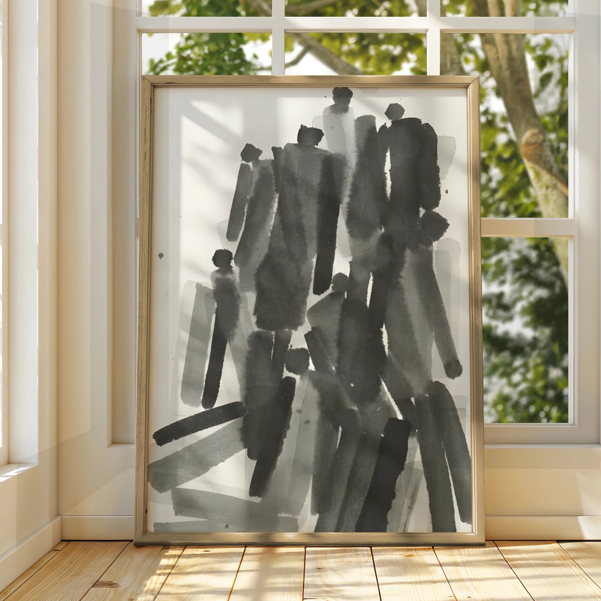 Abstract Figure Crowd Monochrome Wall Art, Black and White Ink Brush Minimalist Print