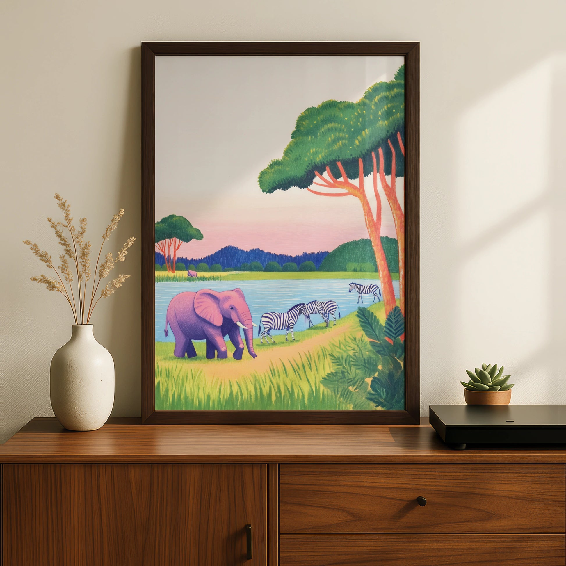 Safari Nursery Wall Art, Elephant Zebra Print, Colourful Animal Poster for Kids Room Decor