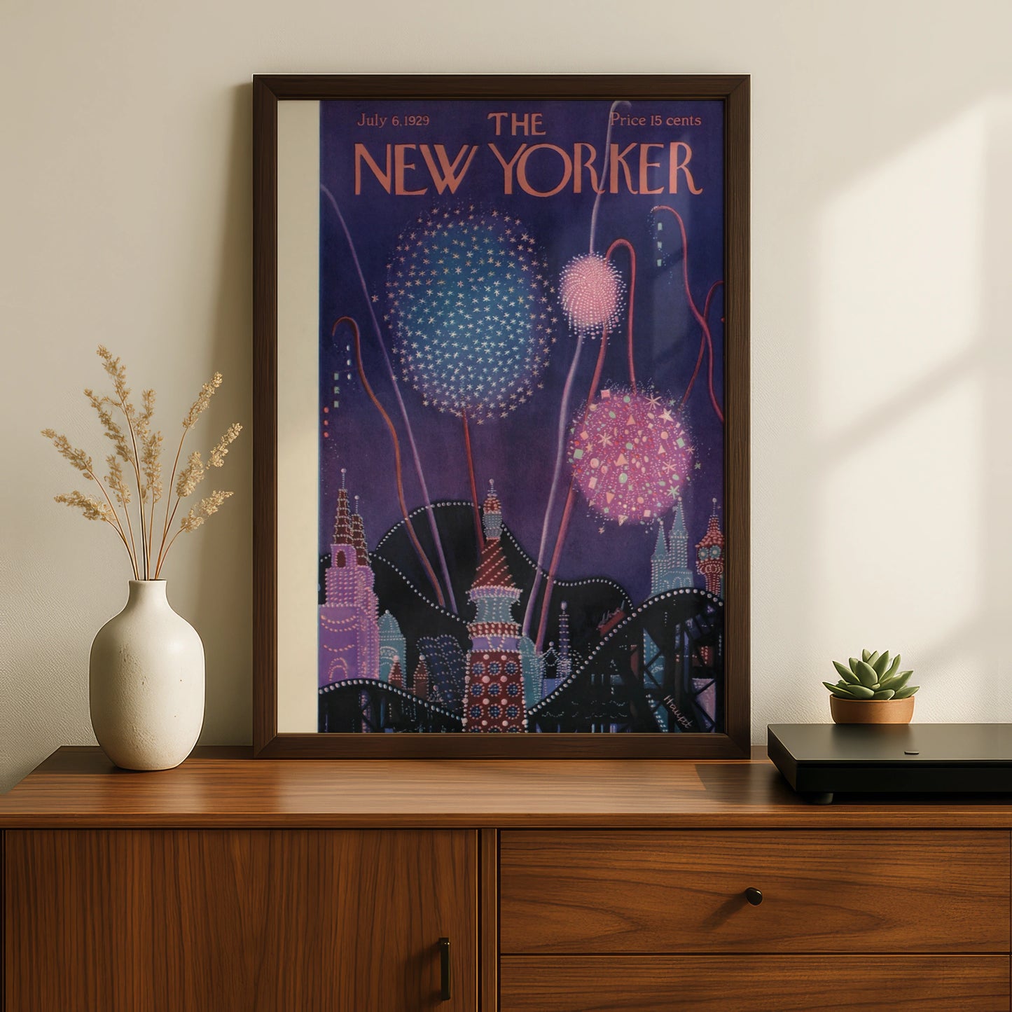 The New Yorker July 1929 Fireworks Cover Poster, Vintage Art Deco Night Sky Print