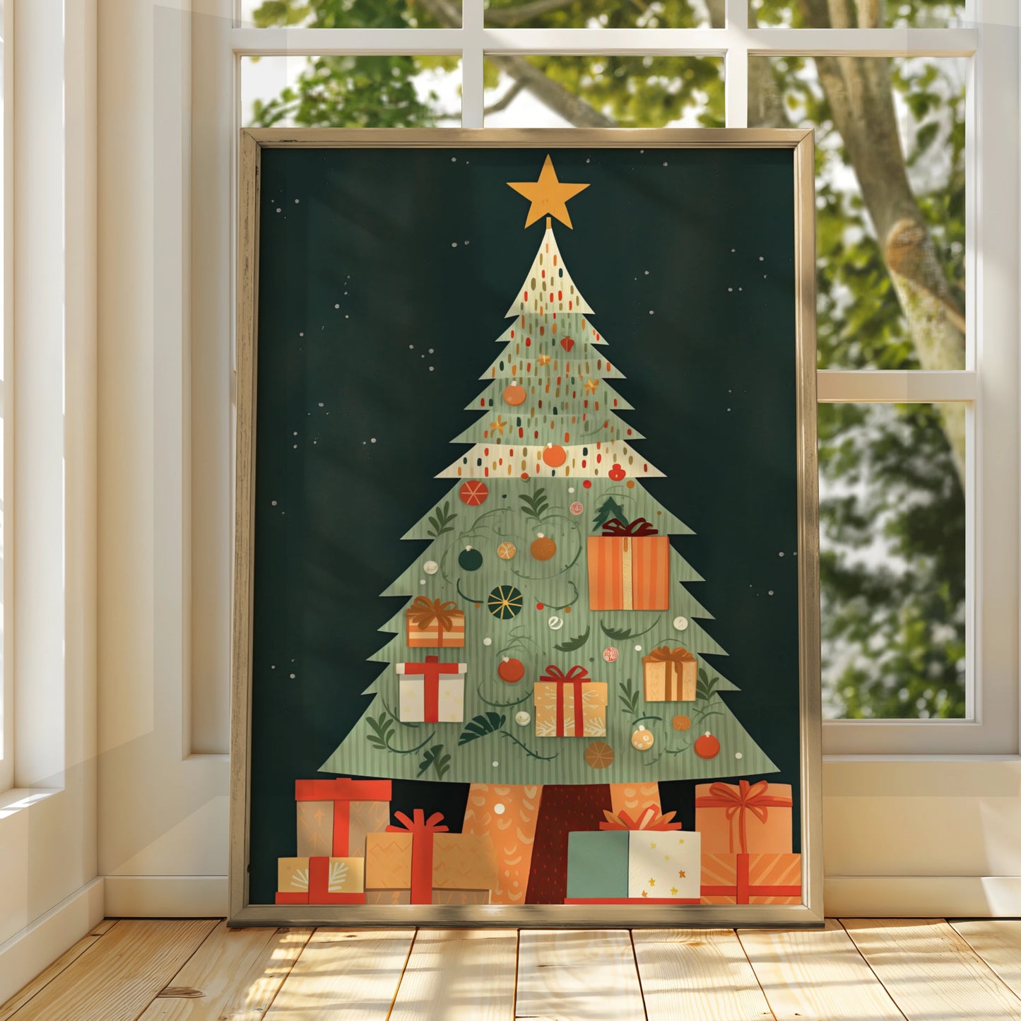 Christmas Tree Poster, Festive Gift Wall Art, Retro Xmas Print, Green Red Holiday Home Decor