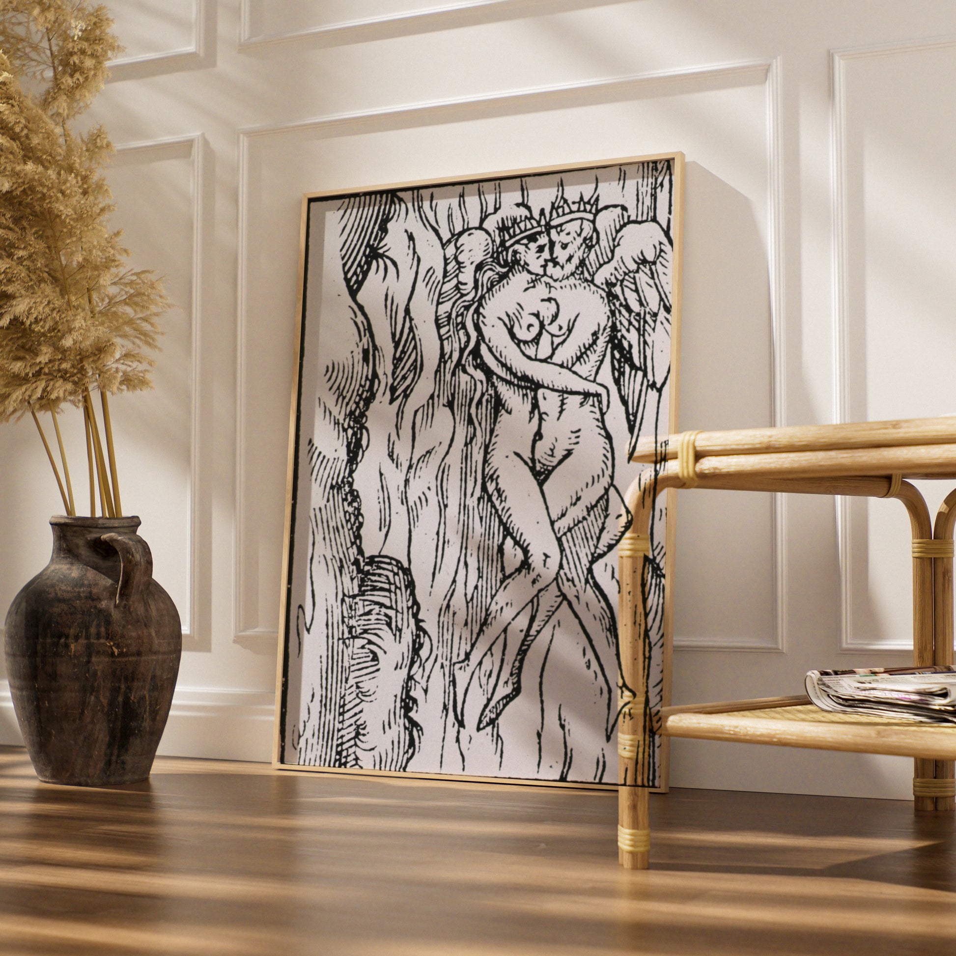 Halloween Dark Art Print, Medieval Woodcut Demon Figure, Gothic Black White Occult Poster Wall Art