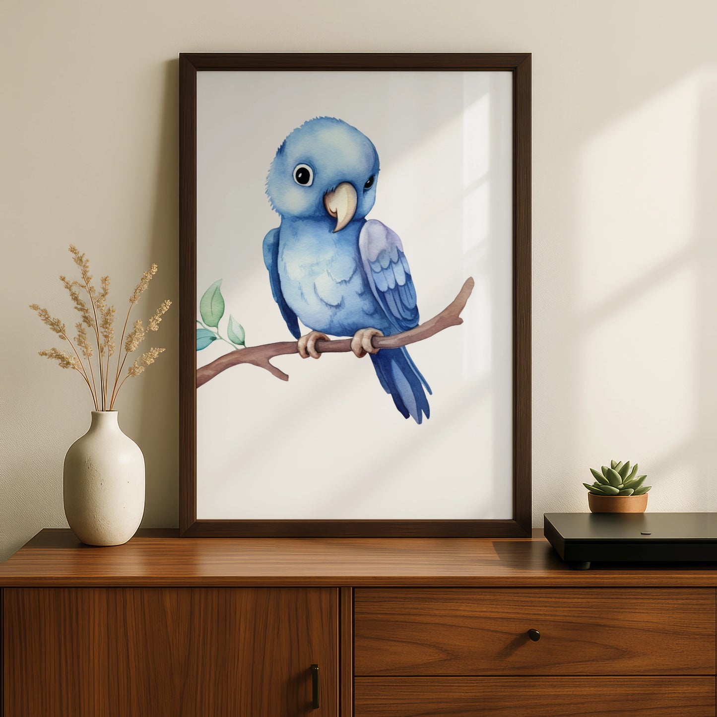 Blue Parrot Nursery Wall Art, Watercolour Bird Print, Baby Boy Room Poster Decor
