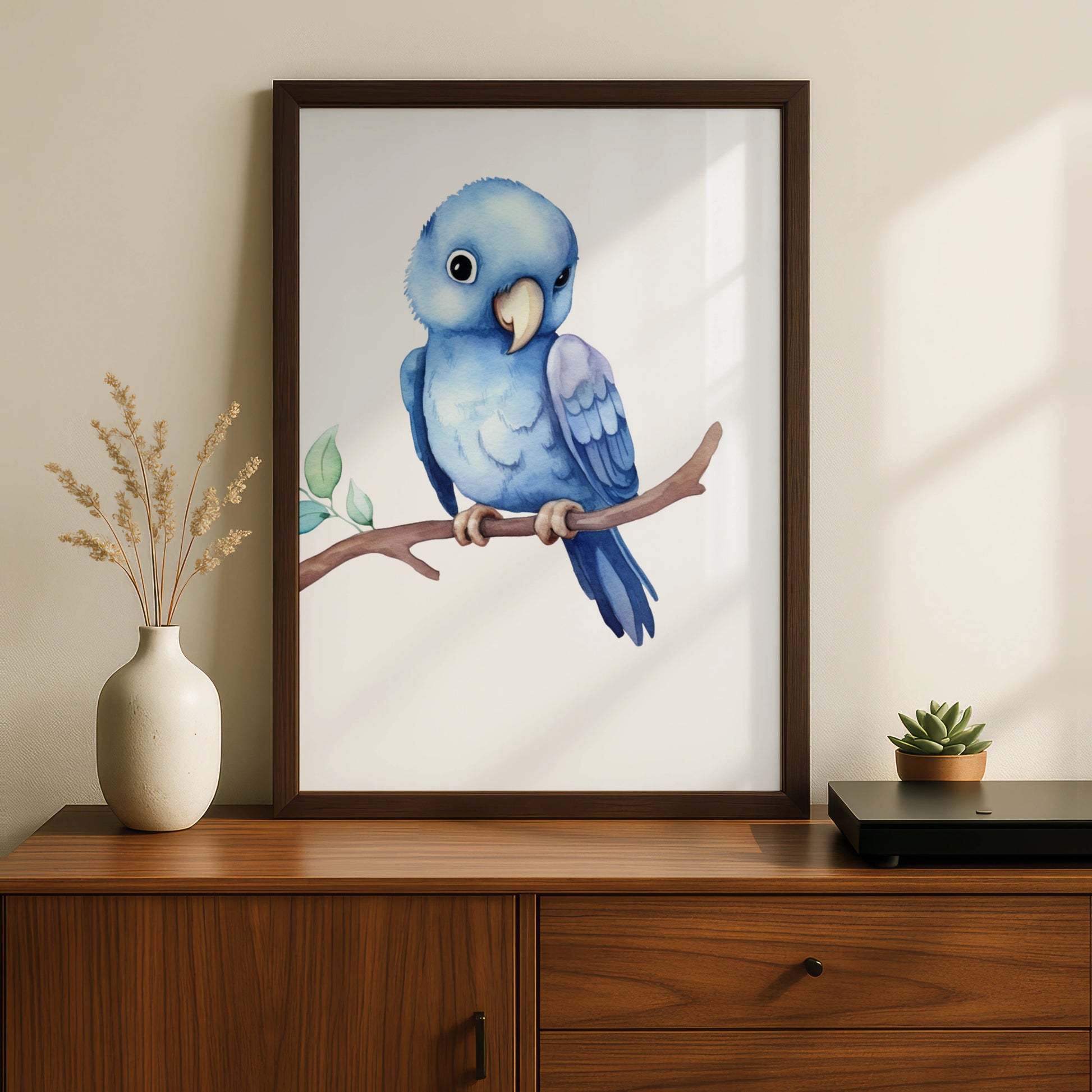 Blue Parrot Nursery Wall Art, Watercolour Bird Print, Baby Boy Room Poster Decor