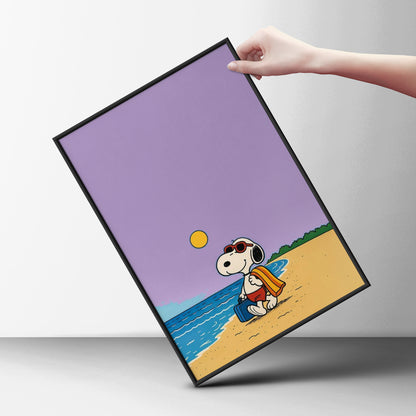 Cartoon Dog Beach Poster, Lavender Seaside Wall Art, Kids Room Art Print