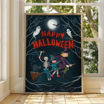 Happy Halloween Poster, Witch Skeleton Ghost Wall Art, Spooky Fun Halloween Print