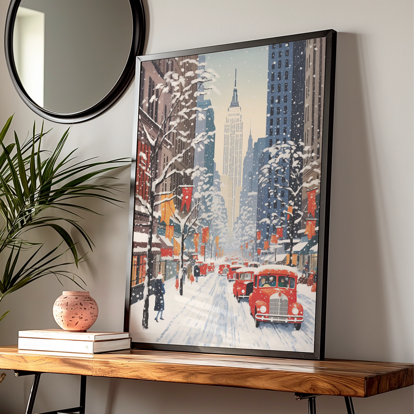 New York Christmas Poster, Snowy NYC Street Art, Empire State Winter Wall Decor Print