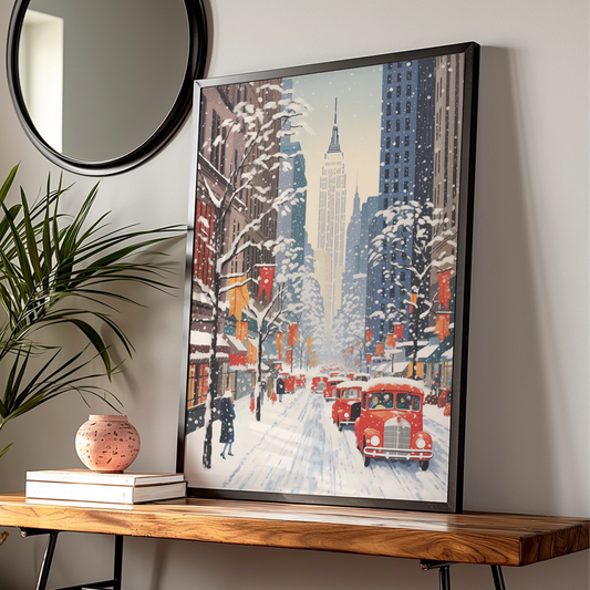 New York Christmas Poster, Snowy NYC Street Art, Empire State Winter Wall Decor Print