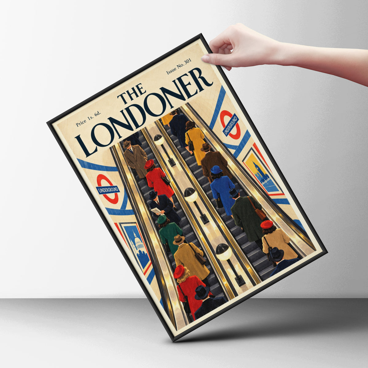 London Underground Escalator Poster, Vintage Magazine Cover Wall Art, Retro Travel Art Print