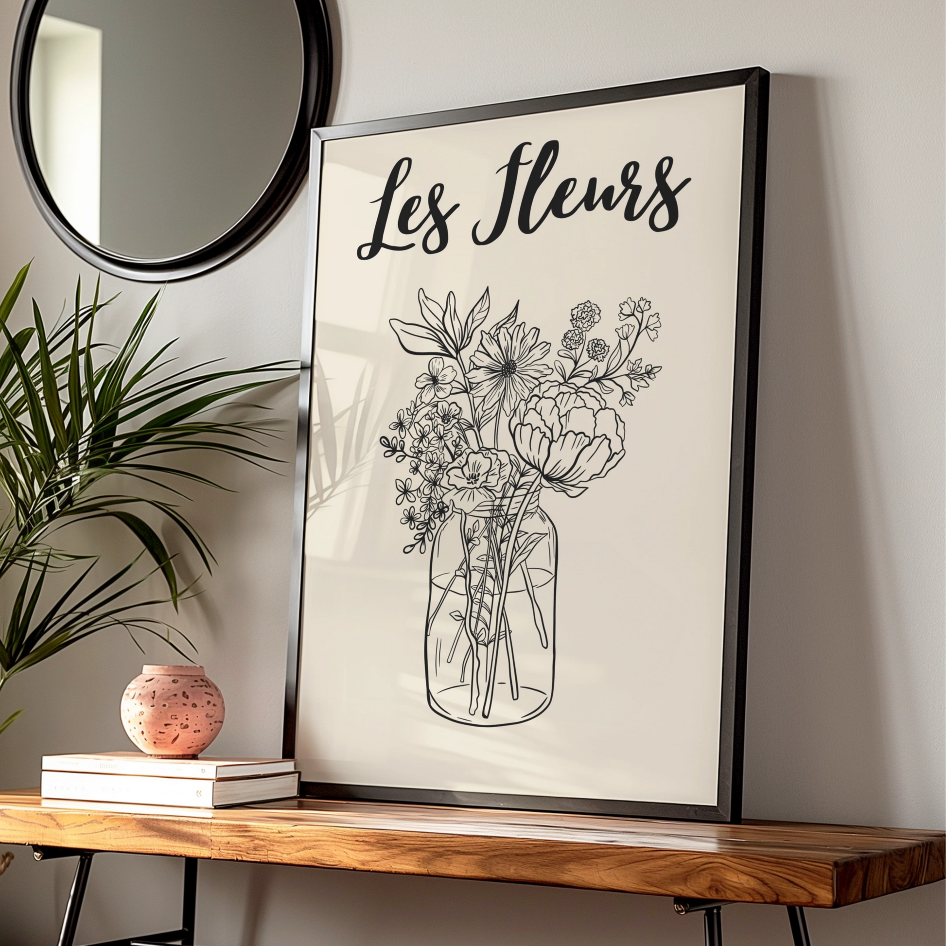 Les Fleurs Botanical Flower Poster, Wildflower Bouquet Wall Art, French Floral Print, Beige