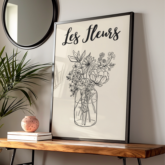 Les Fleurs Botanical Flower Poster, Wildflower Bouquet Wall Art, French Floral Print, Beige