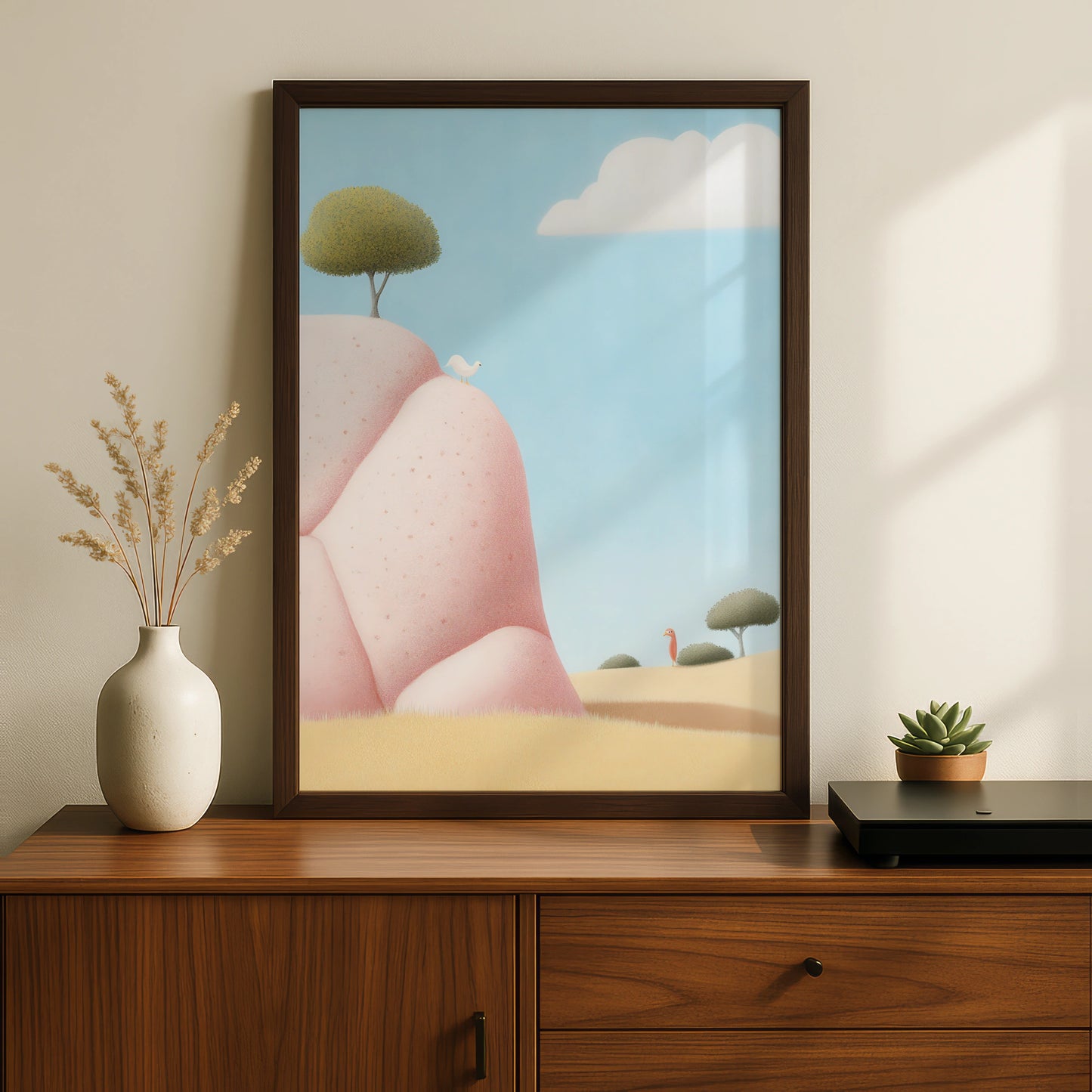 Nursery Wall Art Pink Landscape Print, Whimsical Bird Poster, Children's Room Decor, Pastel