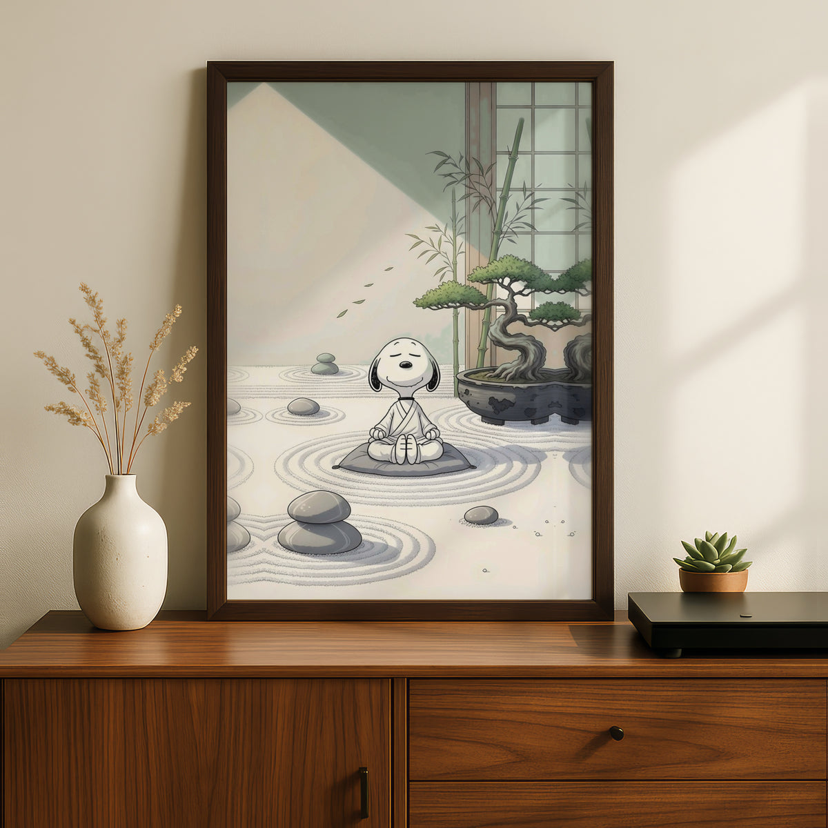 Meditating Cartoon Beagle Zen Garden Poster, Bonsai Wall Art, Sage Green Art Print for Bedroom