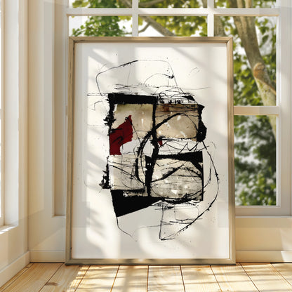 Abstract Ink Art Print, Monochrome Wall Art with Red Accent, Modern Contemporary Poster