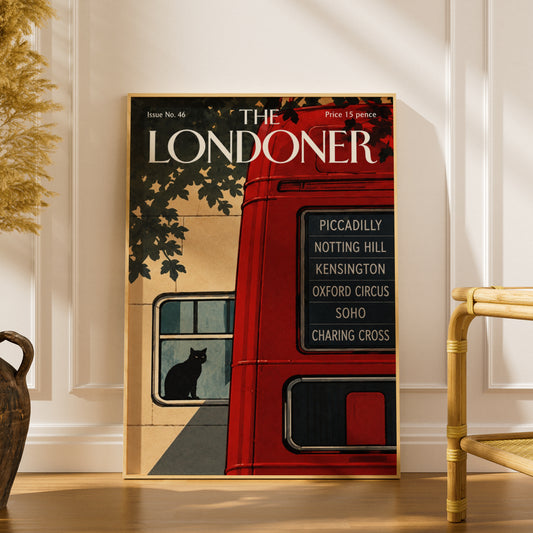 London Bus Poster, Black Cat Wall Art, Vintage Magazine Cover Art Print, Red Bus Piccadilly