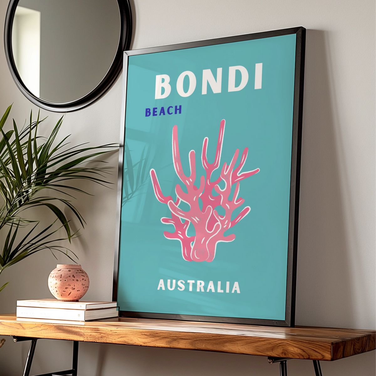Bondi Beach Australia Travel Poster, Retro Coastal Wall Art, Teal Coral Print