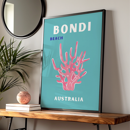 Bondi Beach Australia Travel Poster, Retro Coastal Wall Art, Teal Coral Print