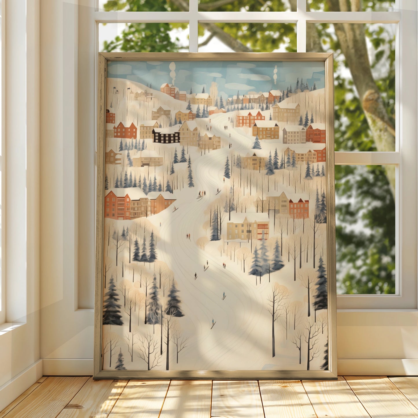 Christmas Winter Village Poster, Snowy Ski Slope Scene, Festive Holiday Wall Art Print