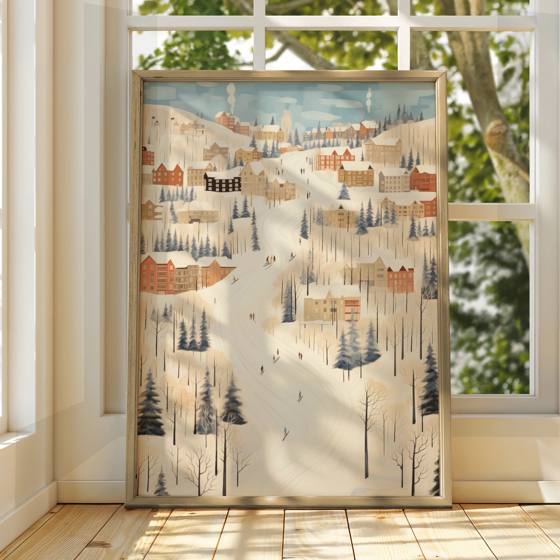Christmas Winter Village Poster, Snowy Ski Slope Scene, Festive Holiday Wall Art Print