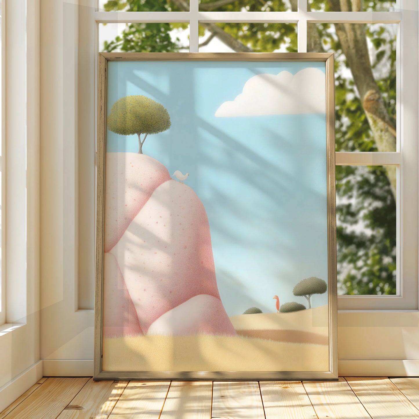 Nursery Wall Art Pink Landscape Print, Whimsical Bird Poster, Children's Room Decor, Pastel