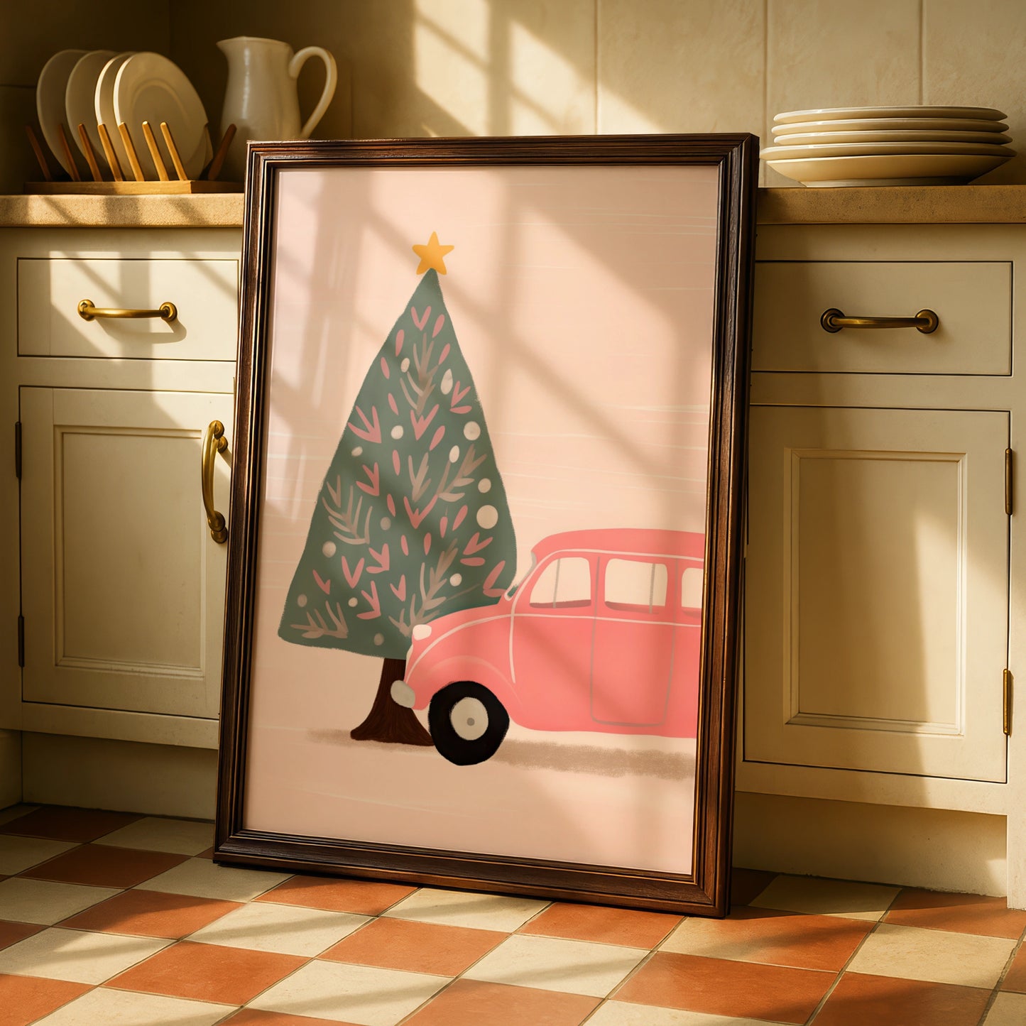 Pink Retro Car Christmas Poster, Festive Tree Wall Art, Cute Xmas Print, Holiday Home Decor