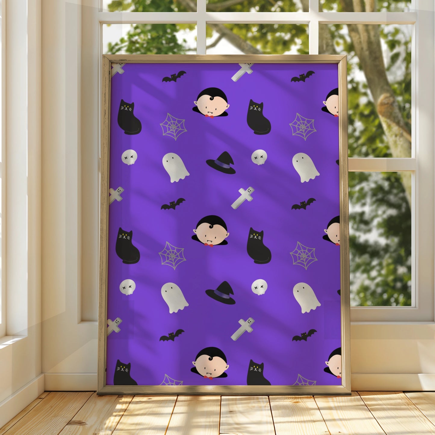 Halloween Pattern Poster, Cute Ghost Vampire Bat Black Cat Wall Art Print