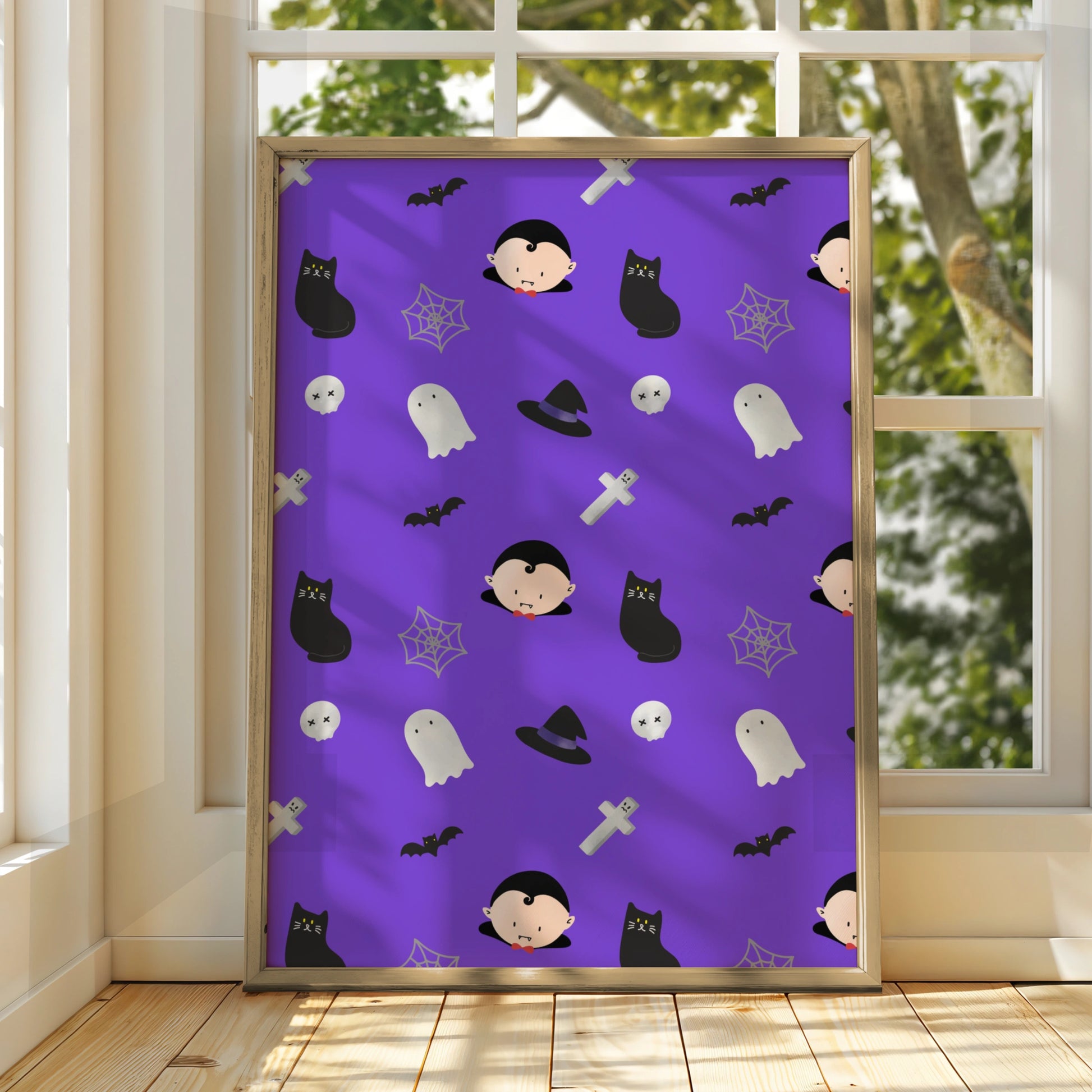 Halloween Pattern Poster, Cute Ghost Vampire Bat Black Cat Wall Art Print