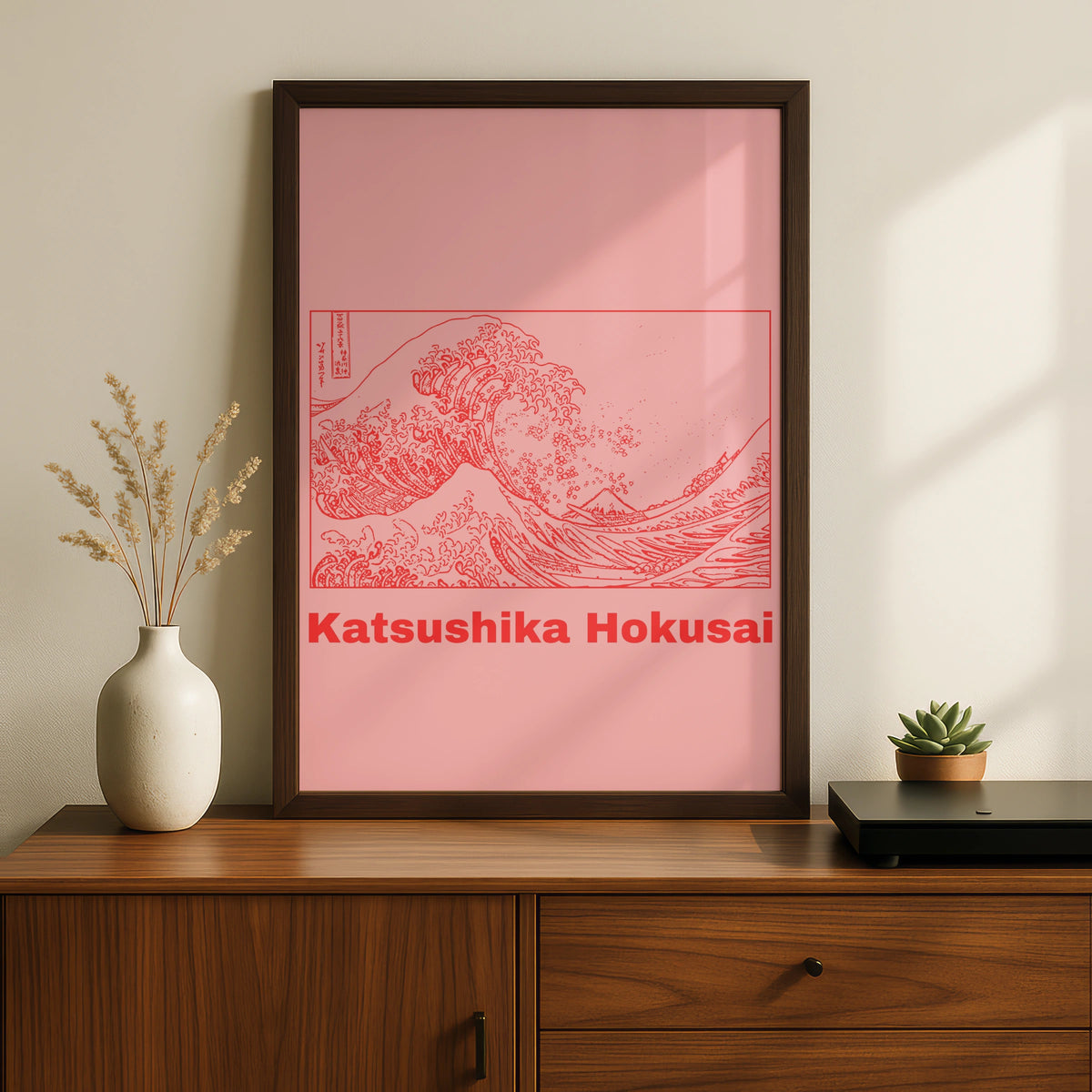 Hokusai Great Wave Poster, Japanese Woodblock Wall Art, Pink Red Maximalist Print